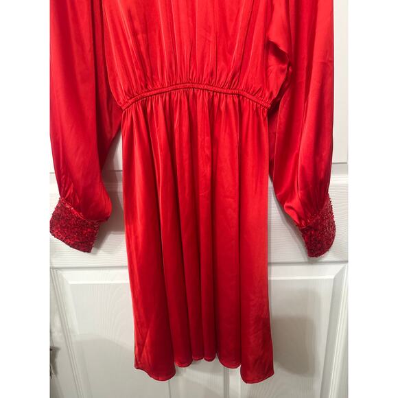 Vine & Love Red Iva Satin Dress with Long Sleeve Sequin Cuffs, S - Picture 3 of 8